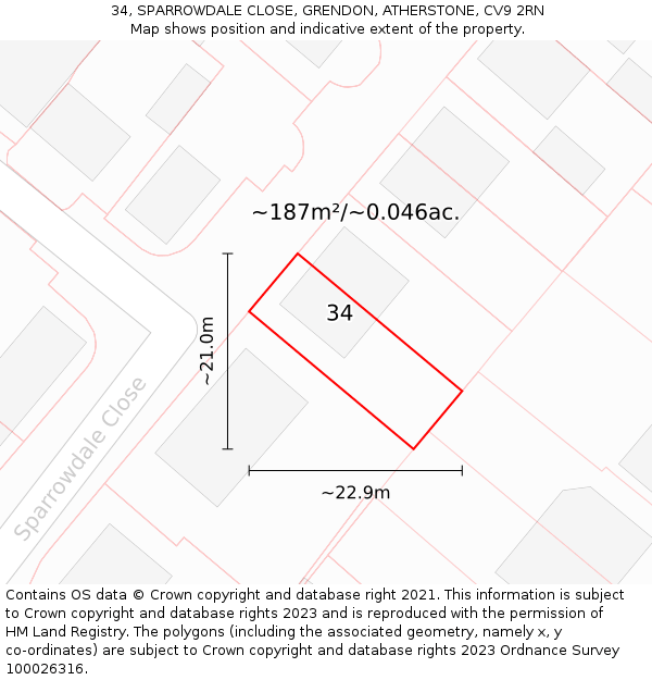 34, SPARROWDALE CLOSE, GRENDON, ATHERSTONE, CV9 2RN: Plot and title map