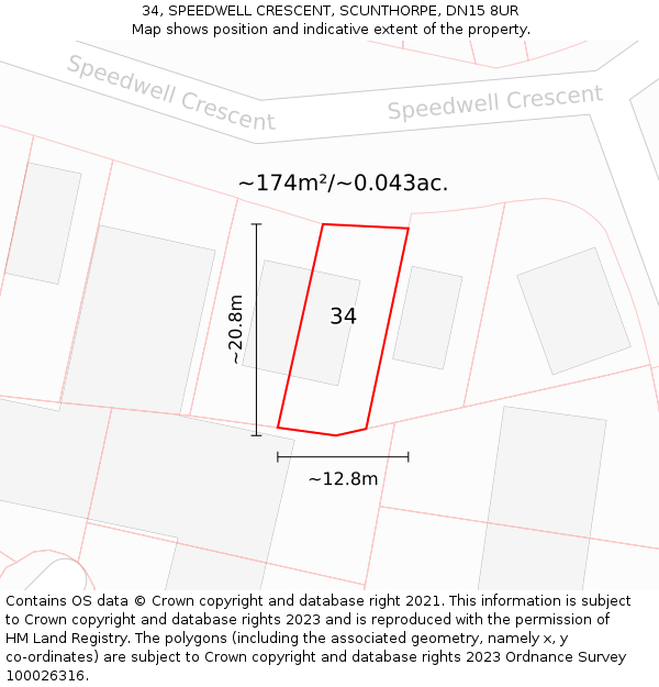 34, SPEEDWELL CRESCENT, SCUNTHORPE, DN15 8UR: Plot and title map