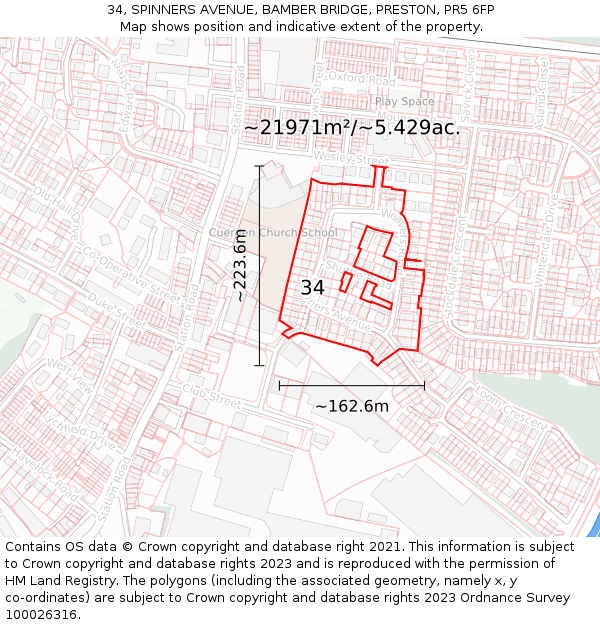 34, SPINNERS AVENUE, BAMBER BRIDGE, PRESTON, PR5 6FP: Plot and title map