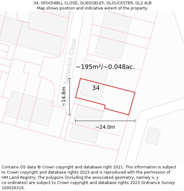 34, SPOONBILL CLOSE, QUEDGELEY, GLOUCESTER, GL2 4LB: Plot and title map