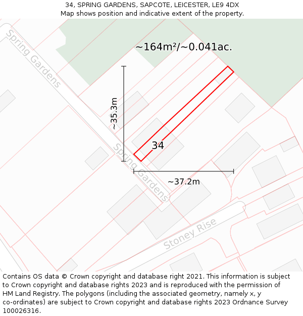 34, SPRING GARDENS, SAPCOTE, LEICESTER, LE9 4DX: Plot and title map