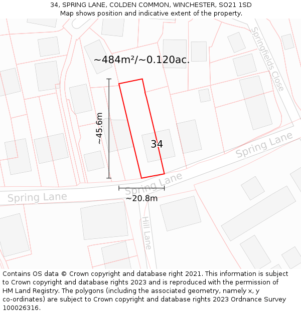 34, SPRING LANE, COLDEN COMMON, WINCHESTER, SO21 1SD: Plot and title map