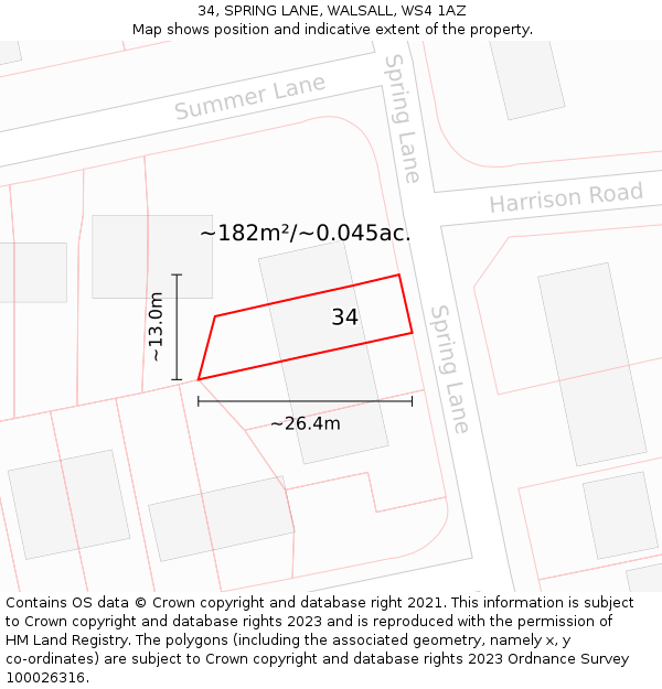 34, SPRING LANE, WALSALL, WS4 1AZ: Plot and title map