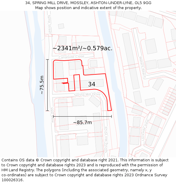 34, SPRING MILL DRIVE, MOSSLEY, ASHTON-UNDER-LYNE, OL5 9GG: Plot and title map