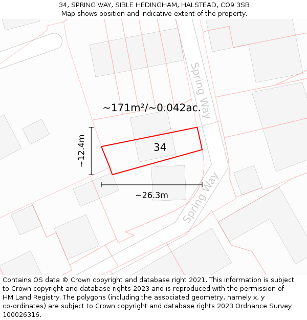 34, SPRING WAY, SIBLE HEDINGHAM, HALSTEAD, CO9 3SB: Plot and title map