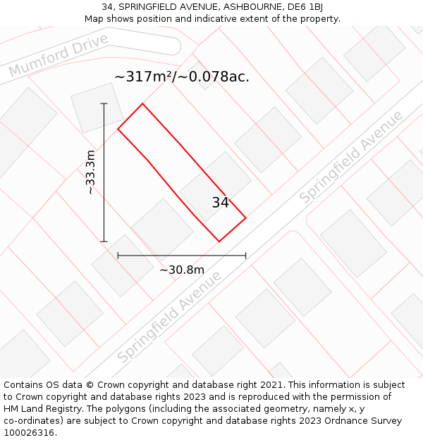 34, SPRINGFIELD AVENUE, ASHBOURNE, DE6 1BJ: Plot and title map