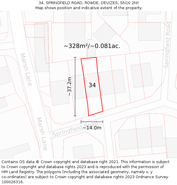 34, SPRINGFIELD ROAD, ROWDE, DEVIZES, SN10 2NY: Plot and title map