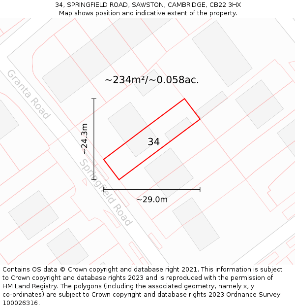 34, SPRINGFIELD ROAD, SAWSTON, CAMBRIDGE, CB22 3HX: Plot and title map