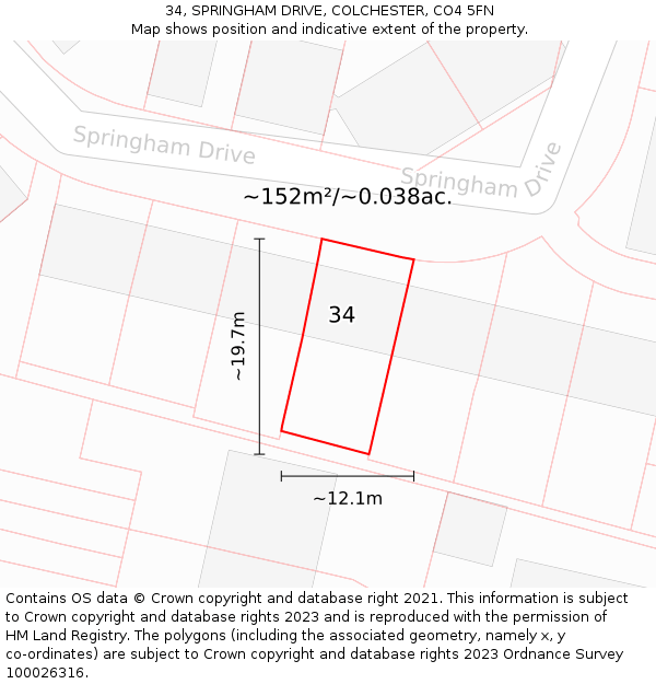 34, SPRINGHAM DRIVE, COLCHESTER, CO4 5FN: Plot and title map