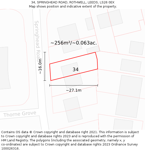 34, SPRINGHEAD ROAD, ROTHWELL, LEEDS, LS26 0EX: Plot and title map