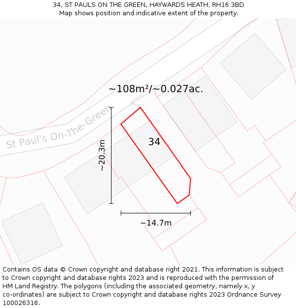 34, ST PAULS ON THE GREEN, HAYWARDS HEATH, RH16 3BD: Plot and title map