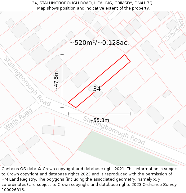 34, STALLINGBOROUGH ROAD, HEALING, GRIMSBY, DN41 7QL: Plot and title map