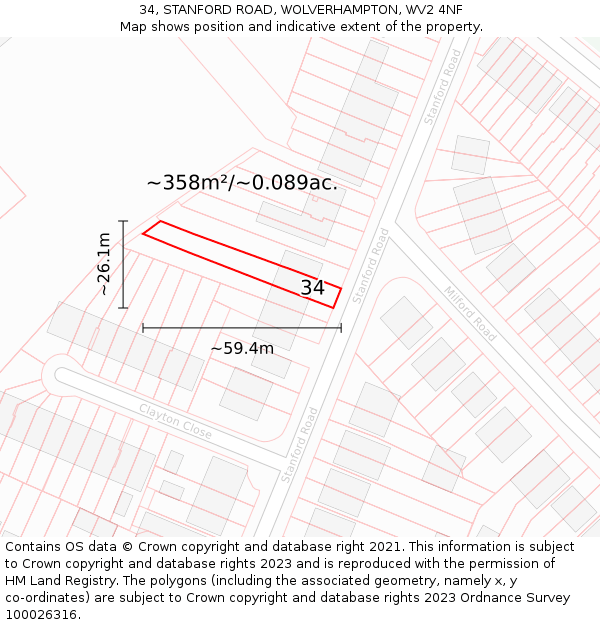34, STANFORD ROAD, WOLVERHAMPTON, WV2 4NF: Plot and title map