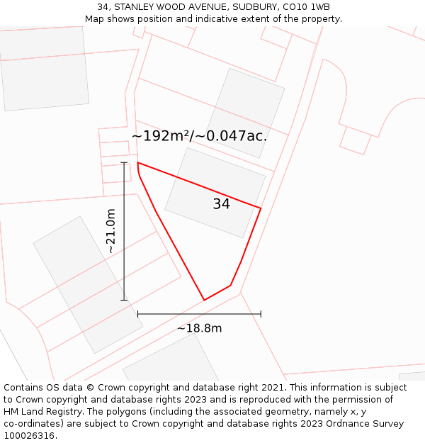 34, STANLEY WOOD AVENUE, SUDBURY, CO10 1WB: Plot and title map