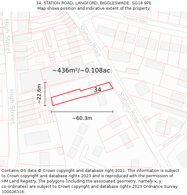 34, STATION ROAD, LANGFORD, BIGGLESWADE, SG18 9PE: Plot and title map