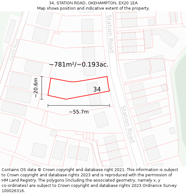 34, STATION ROAD, OKEHAMPTON, EX20 1EA: Plot and title map