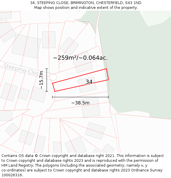 34, STEEPING CLOSE, BRIMINGTON, CHESTERFIELD, S43 1ND: Plot and title map