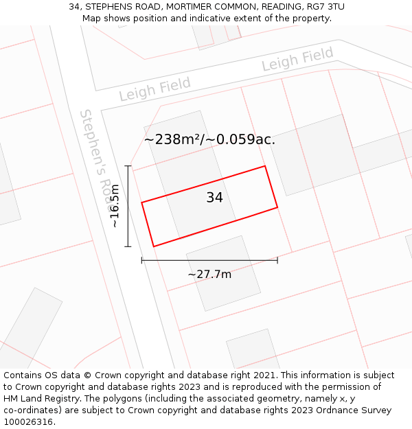 34, STEPHENS ROAD, MORTIMER COMMON, READING, RG7 3TU: Plot and title map
