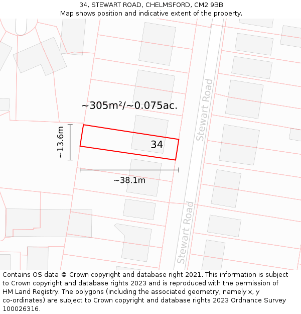 34, STEWART ROAD, CHELMSFORD, CM2 9BB: Plot and title map