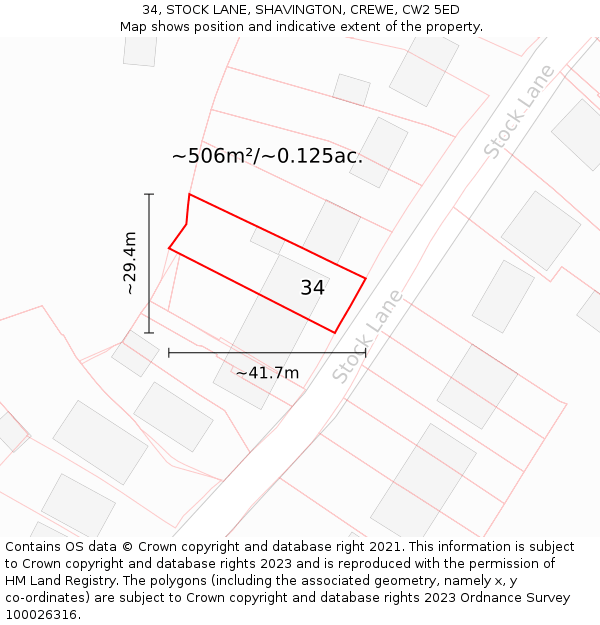 34, STOCK LANE, SHAVINGTON, CREWE, CW2 5ED: Plot and title map