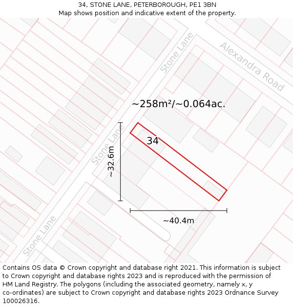 34, STONE LANE, PETERBOROUGH, PE1 3BN: Plot and title map