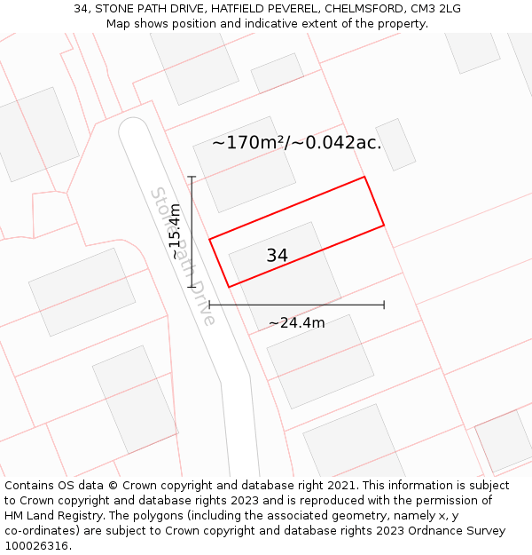 34, STONE PATH DRIVE, HATFIELD PEVEREL, CHELMSFORD, CM3 2LG: Plot and title map