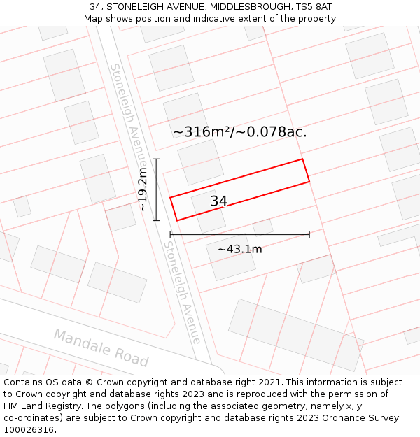 34, STONELEIGH AVENUE, MIDDLESBROUGH, TS5 8AT: Plot and title map