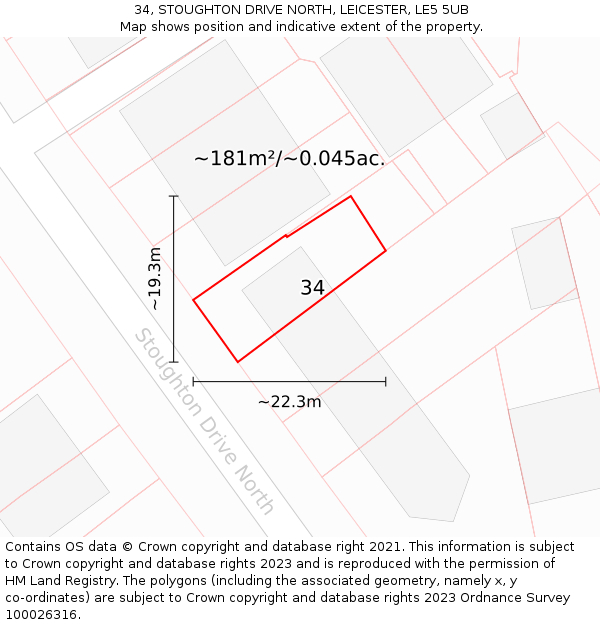34, STOUGHTON DRIVE NORTH, LEICESTER, LE5 5UB: Plot and title map