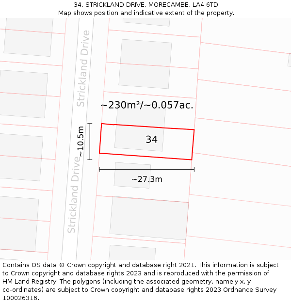 34, STRICKLAND DRIVE, MORECAMBE, LA4 6TD: Plot and title map