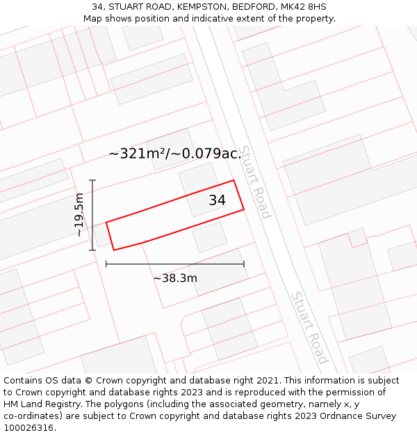 34, STUART ROAD, KEMPSTON, BEDFORD, MK42 8HS: Plot and title map