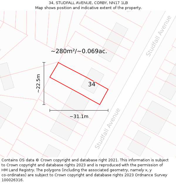 34, STUDFALL AVENUE, CORBY, NN17 1LB: Plot and title map