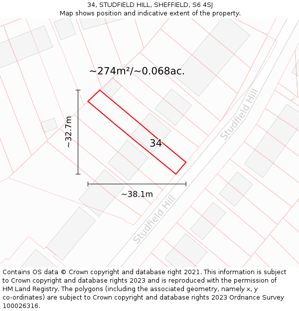 34, STUDFIELD HILL, SHEFFIELD, S6 4SJ: Plot and title map