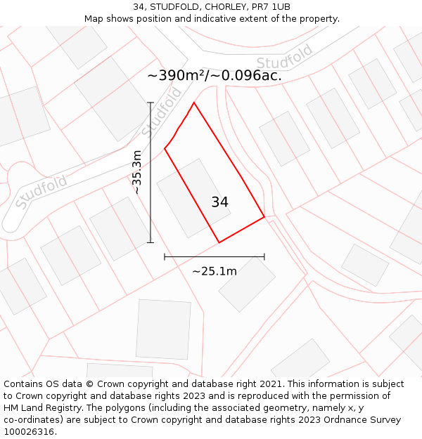 34, STUDFOLD, CHORLEY, PR7 1UB: Plot and title map