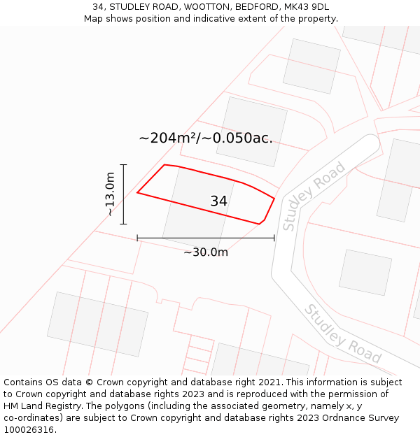 34, STUDLEY ROAD, WOOTTON, BEDFORD, MK43 9DL: Plot and title map