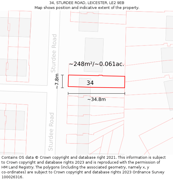 34, STURDEE ROAD, LEICESTER, LE2 9EB: Plot and title map