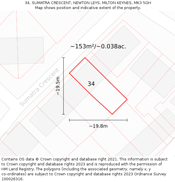 34, SUMATRA CRESCENT, NEWTON LEYS, MILTON KEYNES, MK3 5GH: Plot and title map