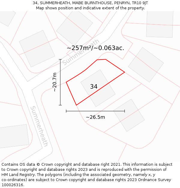 34, SUMMERHEATH, MABE BURNTHOUSE, PENRYN, TR10 9JT: Plot and title map