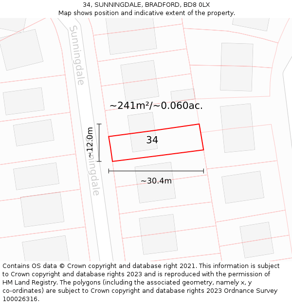 34, SUNNINGDALE, BRADFORD, BD8 0LX: Plot and title map