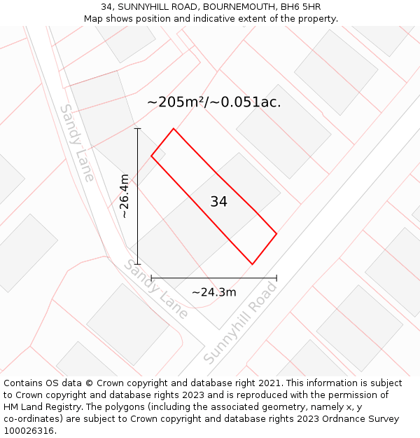 34, SUNNYHILL ROAD, BOURNEMOUTH, BH6 5HR: Plot and title map