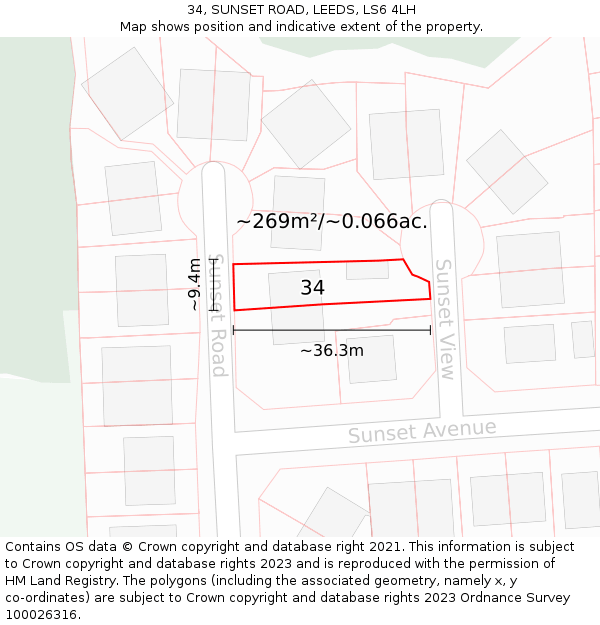 34, SUNSET ROAD, LEEDS, LS6 4LH: Plot and title map