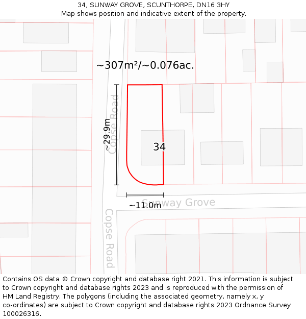 34, SUNWAY GROVE, SCUNTHORPE, DN16 3HY: Plot and title map