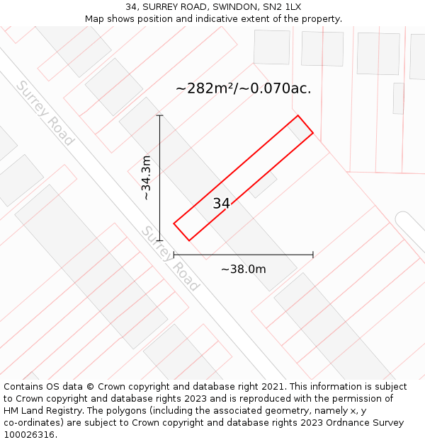 34, SURREY ROAD, SWINDON, SN2 1LX: Plot and title map