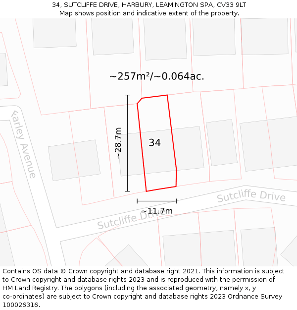34, SUTCLIFFE DRIVE, HARBURY, LEAMINGTON SPA, CV33 9LT: Plot and title map