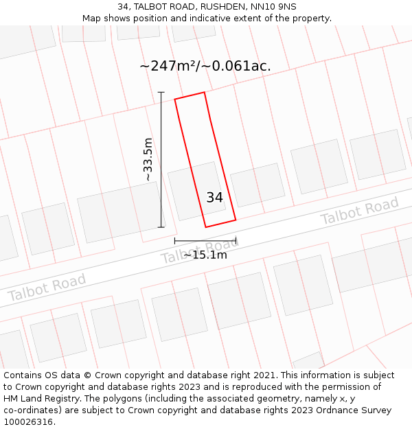 34, TALBOT ROAD, RUSHDEN, NN10 9NS: Plot and title map