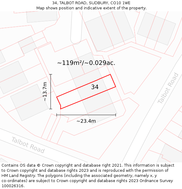 34, TALBOT ROAD, SUDBURY, CO10 1WE: Plot and title map