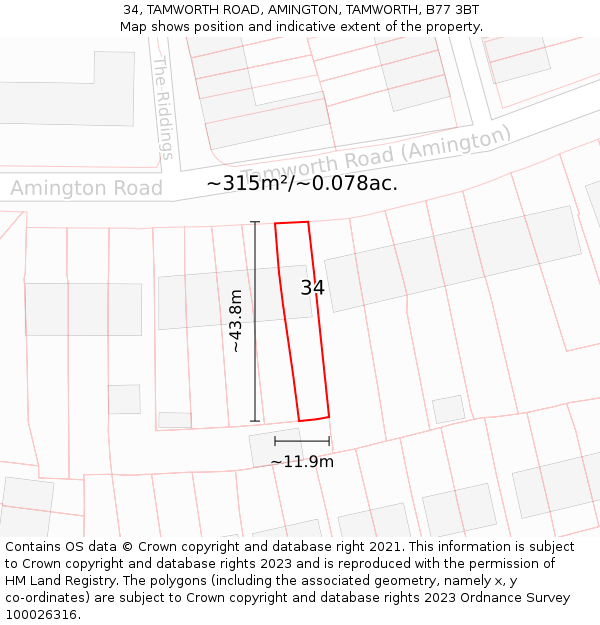 34, TAMWORTH ROAD, AMINGTON, TAMWORTH, B77 3BT: Plot and title map