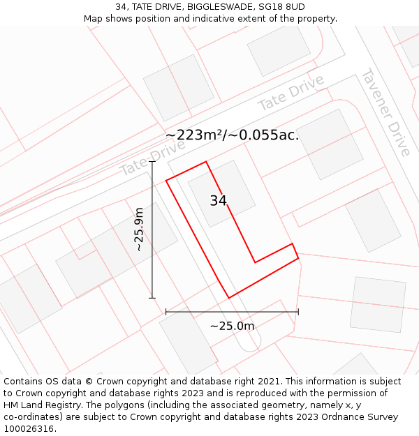 34, TATE DRIVE, BIGGLESWADE, SG18 8UD: Plot and title map