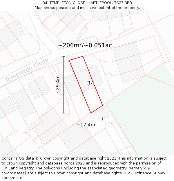 34, TEMPLETON CLOSE, HARTLEPOOL, TS27 3RB: Plot and title map