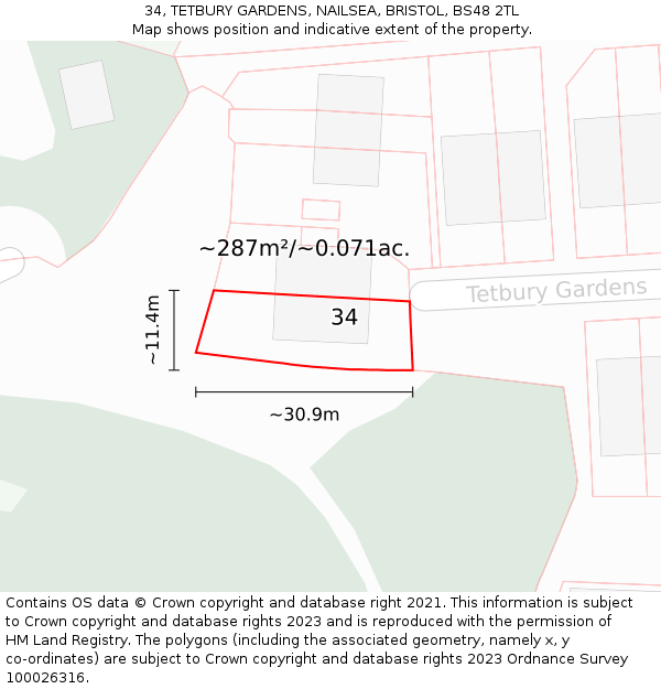 34, TETBURY GARDENS, NAILSEA, BRISTOL, BS48 2TL: Plot and title map