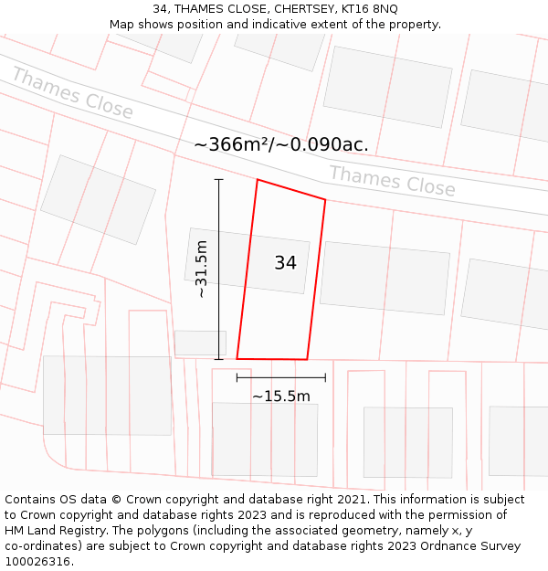 34, THAMES CLOSE, CHERTSEY, KT16 8NQ: Plot and title map